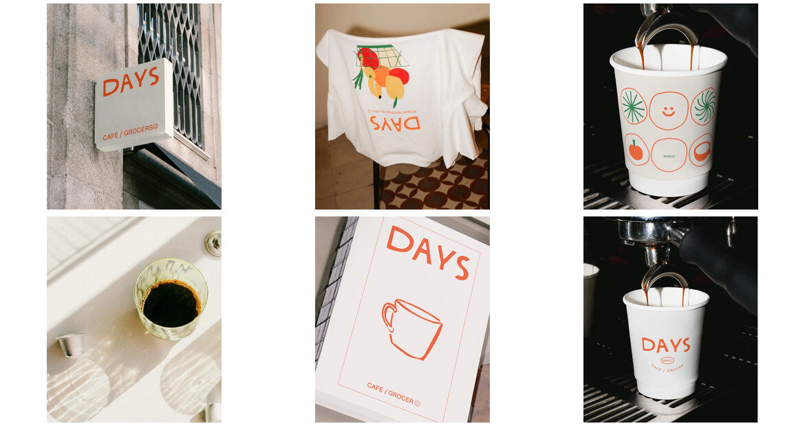 Selected packaging and brand work — DAYS Cafe + Grocer identity, coffee packaging and café collateral. More at ajamariejohnson.com.